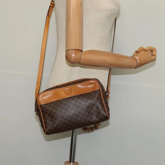 CELINE Macadam Canvas Shoulder Bag PVC Leather Brown Gold Auth - Picture 1 of 16